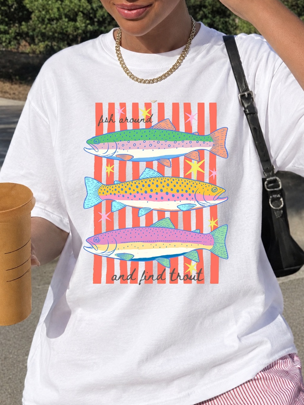 Gildan Preppy Rainbow Trout Fishing Shirt Colorful Fish Graphic Tee